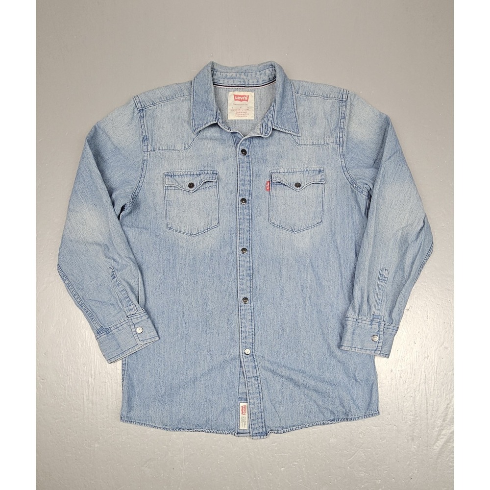 Vintage Levis Pearl Snap Denim Shirt Boys Large Sawtooth Western Long‎ Sleeve